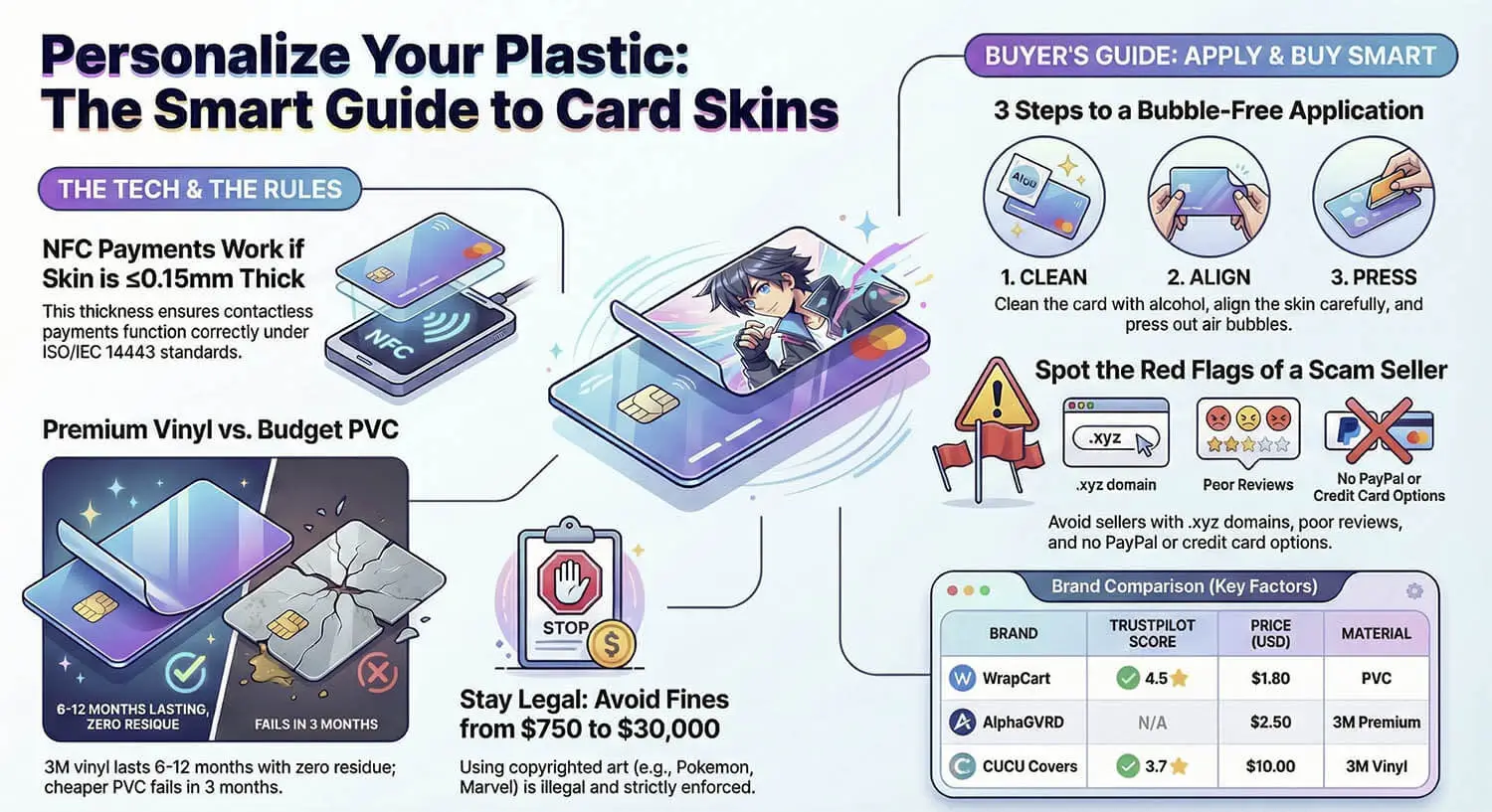 Guia Inteligente para Capas de Cartão - Guia visual completo para personalização de capa de cartão de anime Infográfico Guia Inteligente para Capas de Cartão - estilos de capa de cartão de crédito de anime, etapas de aplicação e guia de compatibilidade NFC