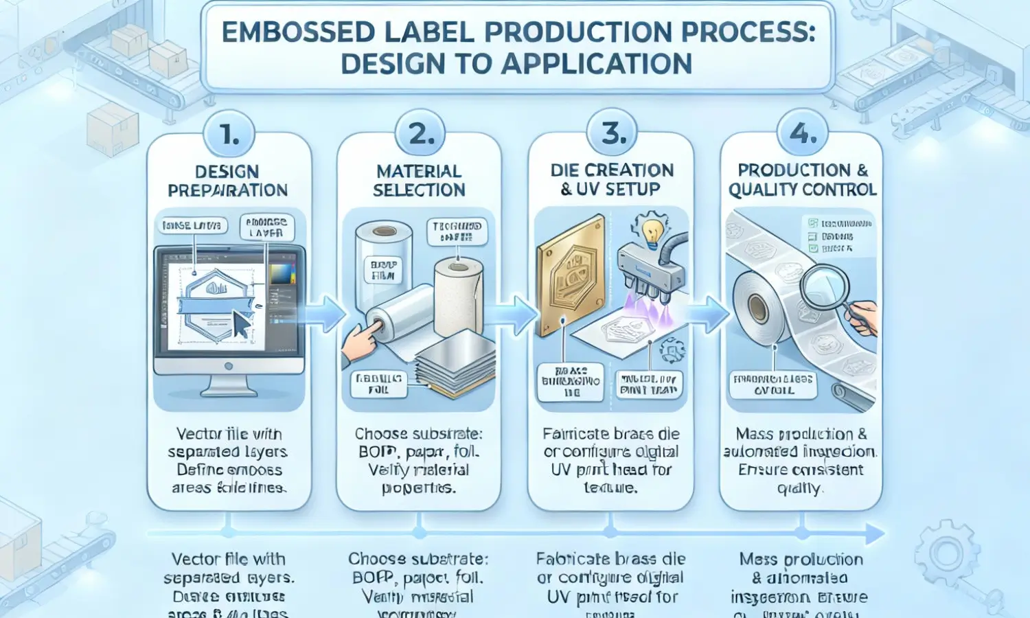 Processo completo de fabricação de etiqueta em relevo Fluxo de trabalho de produção de etiqueta em relevo passo a passo do design à aplicação
