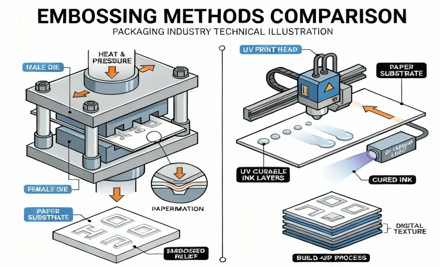 Dois métodos principais para criar efeitos de etiqueta em relevo Diagrama de comparação entre relevo mecânico e relevo digital UV