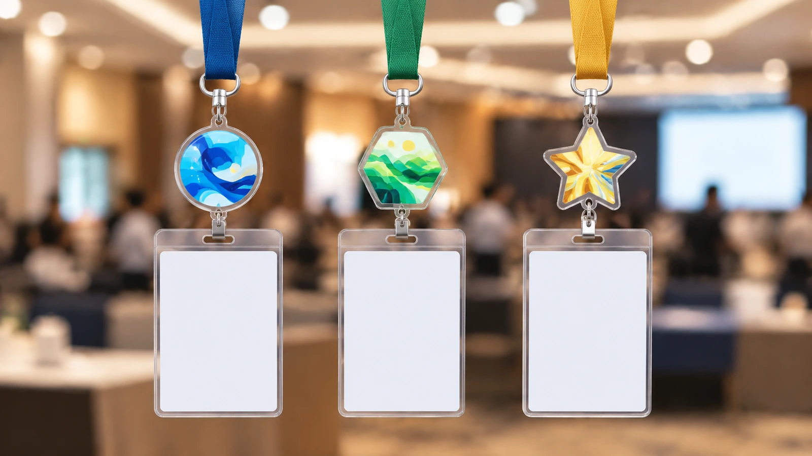 Três cordões de crachá de evento lado a lado, cada um com um pingente de acrílico de cor diferente para indicar as categorias de participantes