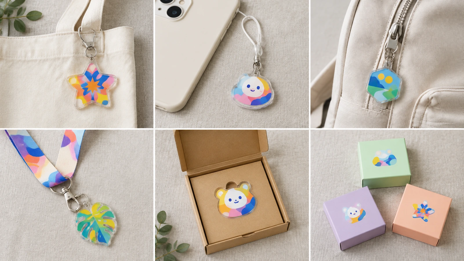 Seis formatos de pingente de acrílico dispostos em composição plana: um pingente na alça de uma sacola, um pingente em uma alça de celular, um pingente de puxador de zíper, um pingente de cordão de crachá, um pingente plano dentro de uma caixa de envio aberta e caixas-surpresa lacradas