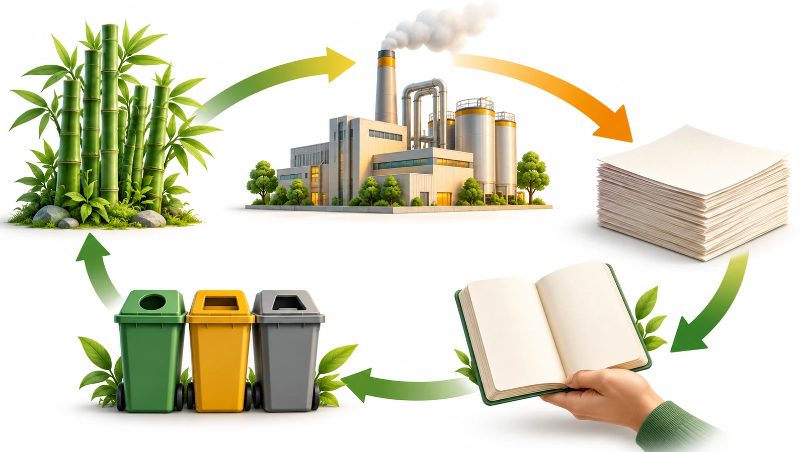 Ciclo de vida de um caderno de bambu, desde um bosque de bambu manejado até o processamento, o papel, o uso e o fim de vida, mostrando onde o impacto ambiental aumenta e diminui