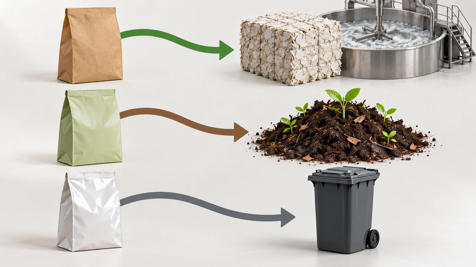 Ilustração de três sacolas de papel para alimentos que seguem setas separadas até um fluxo de reciclagem de papel, uma unidade de compostagem industrial e uma lixeira de rejeitos, mostrando como a escolha da barreira define as rotas de fim de vida