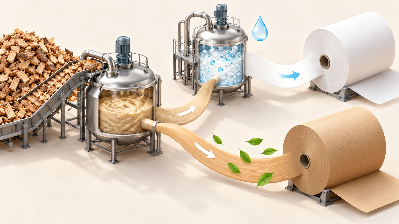 Ilustração de um único fluxo de polpa kraft que se divide em dois caminhos: um segue direto para rolos de kraft marrom, e outro passa por uma etapa extra de branqueamento até os rolos de kraft branco