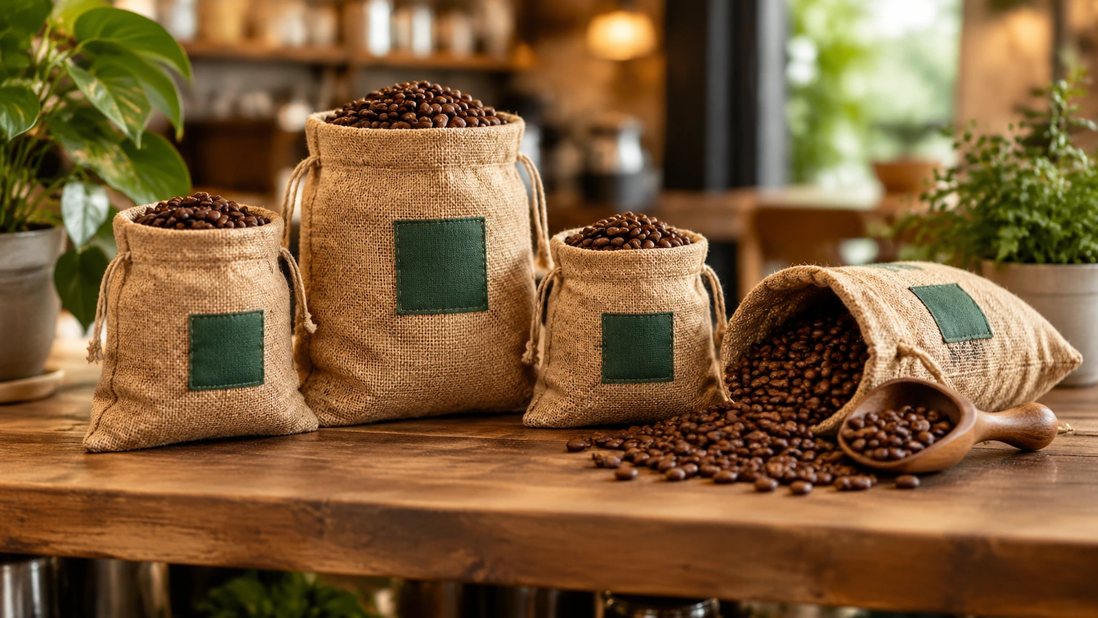 Pequenos sacos de juta natural com cordão, cheios de café torrado em grão, dispostos em uma prateleira rústica de madeira em uma loja