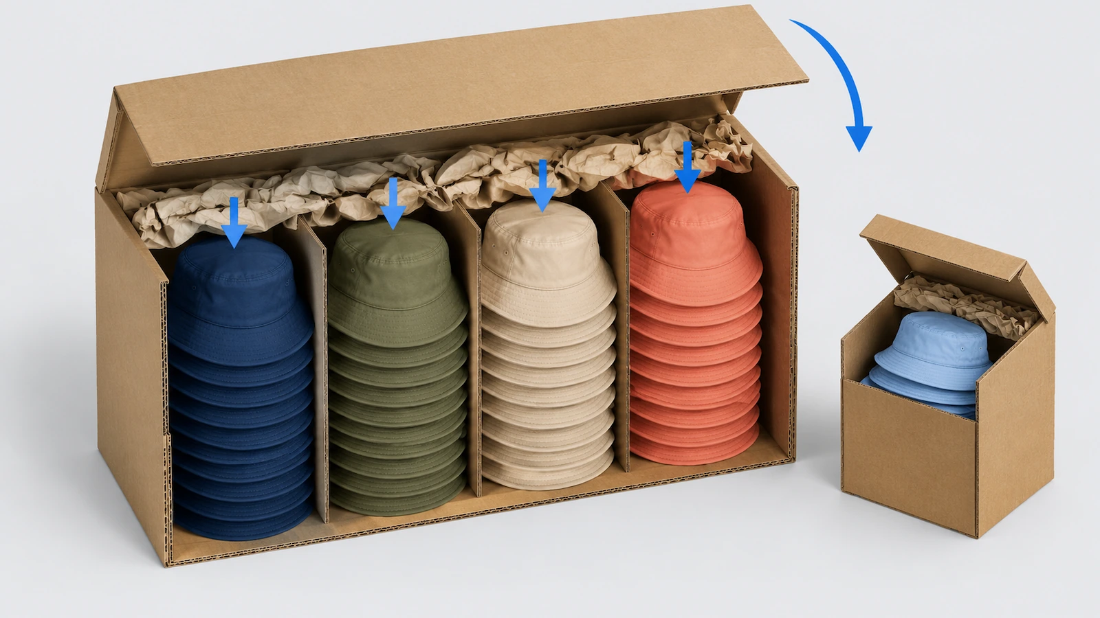 Ilustração em corte de uma caixa de transporte com pilhas verticais de chapéus bucket encaixados, divididas por cor, com setas indicando o sentido do empilhamento e o preenchimento dos vazios