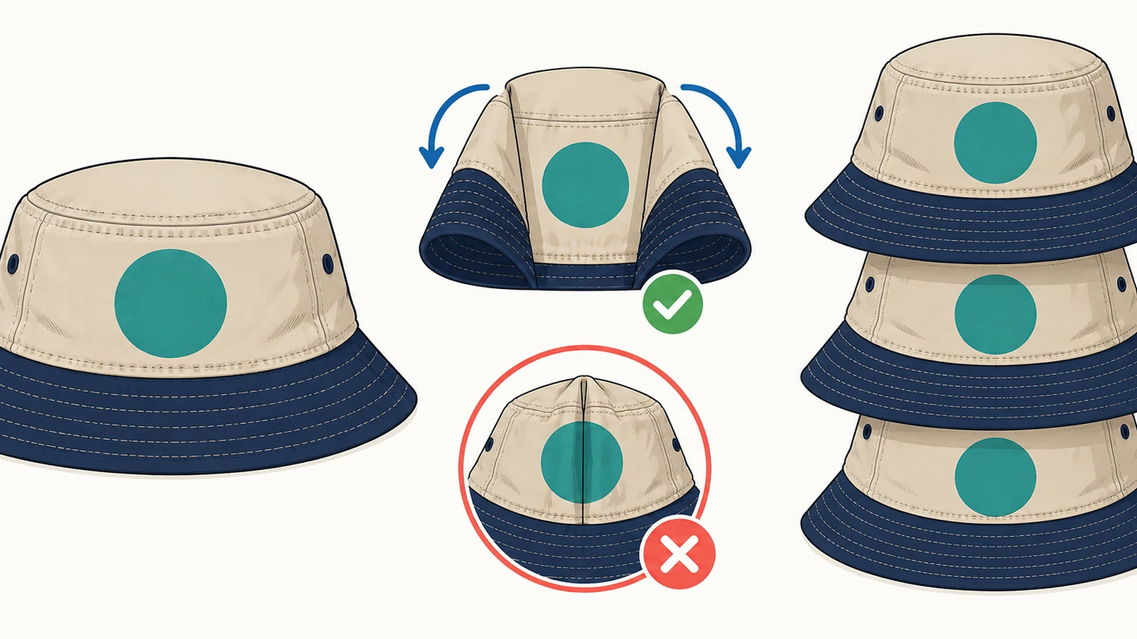 Diagrama de três métodos de embalagem de chapéu bucket: plano, dobrado pelas costuras laterais com o painel frontal liso e encaixado copa dentro de copa, com setas indicando o sentido da dobra