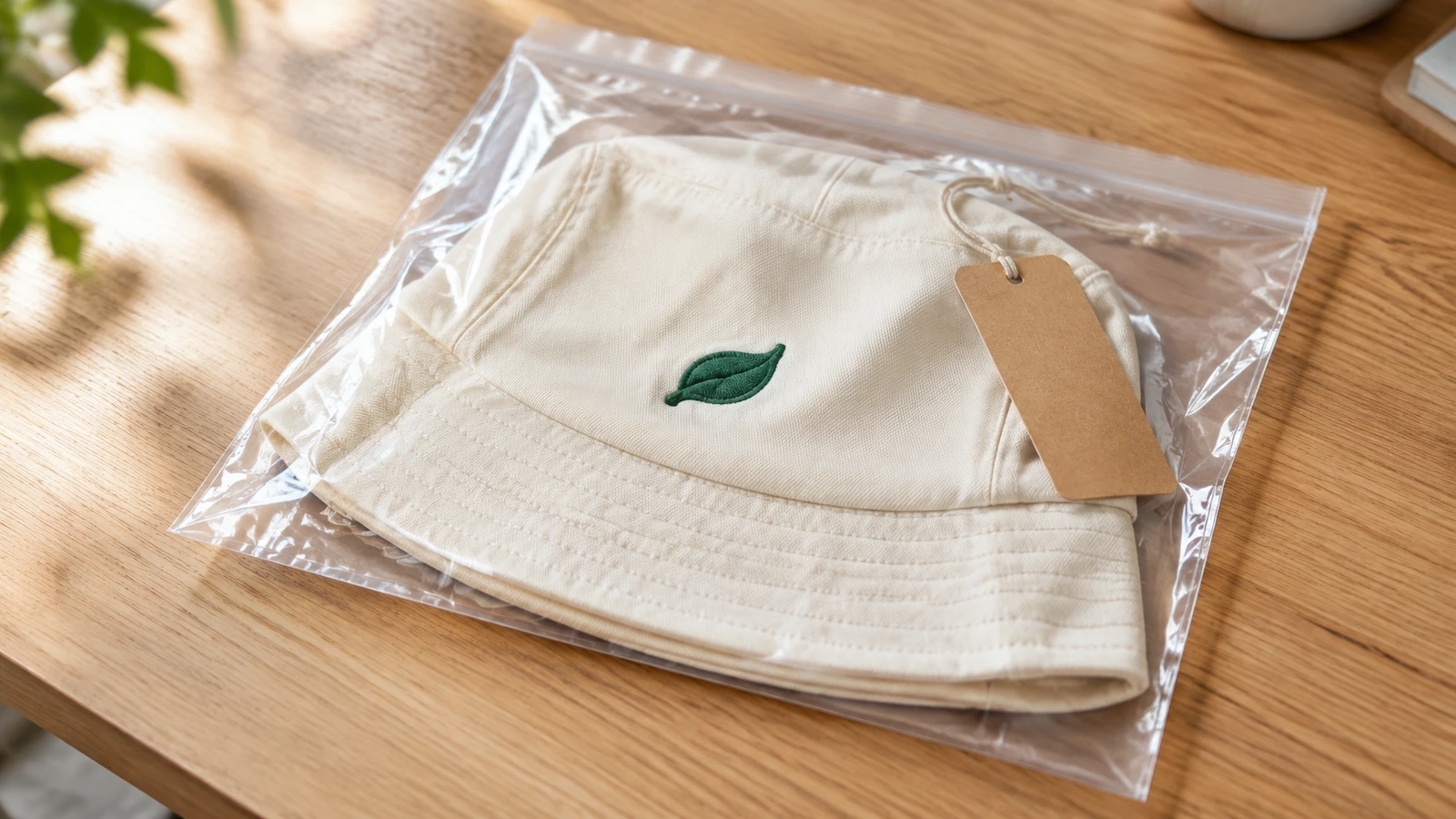 Chapéu bucket com dobra lateral dentro de um saco plástico transparente, com uma etiqueta de pendurar kraft em branco presa à faixa interna por um laço de cordão