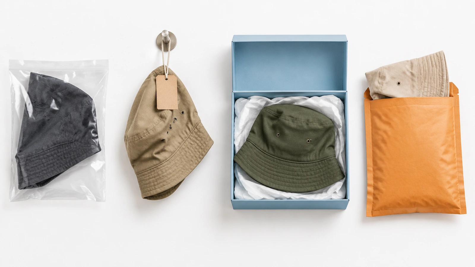 Quatro formatos de embalagem de chapéu bucket lado a lado: um chapéu em saco plástico transparente, um chapéu com etiqueta de pendurar em branco num gancho, um chapéu em caixa personalizada aberta com papel de seda e um chapéu dobrado em envelope acolchoado