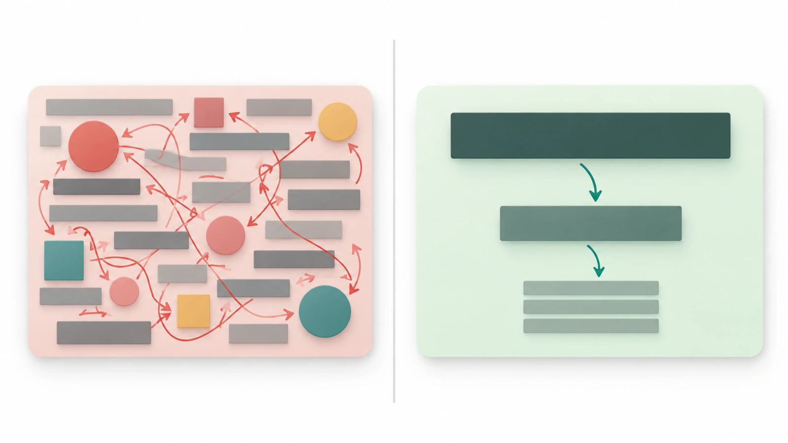 Diagrama que compara um cartão de visita lotado com uma hierarquia limpa de três níveis, com setas mostrando o percurso do olhar do ponto focal até os dados de contato