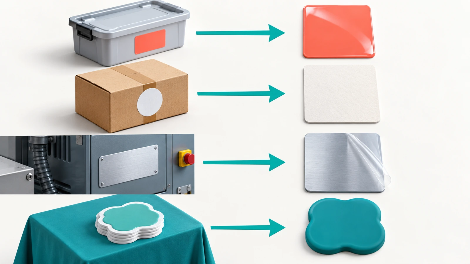 Quatro aplicações de adesivos empresariais representadas por ícones: um produto com marca, uma caixa de envio lacrada, uma máquina industrial etiquetada e uma mesa de brindes, cada uma ligada por setas a uma amostra diferente de material de adesivo