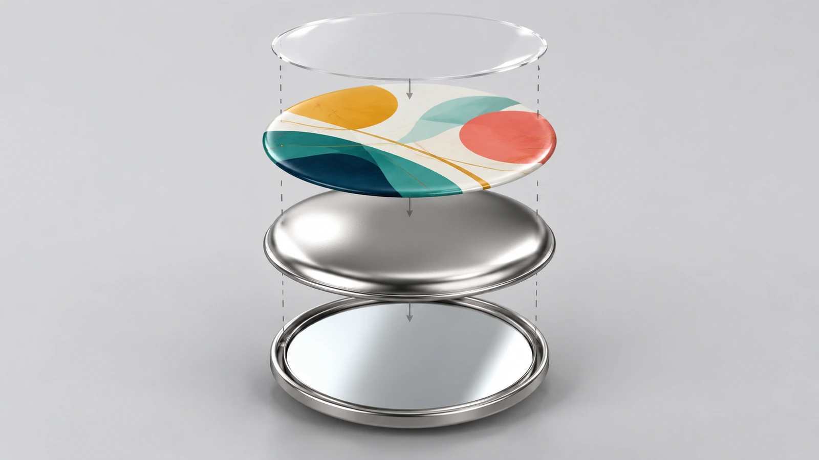 Vista explodida de um espelho de bóton personalizado, mostrando a carcaça metálica, o disco de arte impresso, a película protetora transparente e a placa traseira do espelho separados ao longo de um eixo vertical