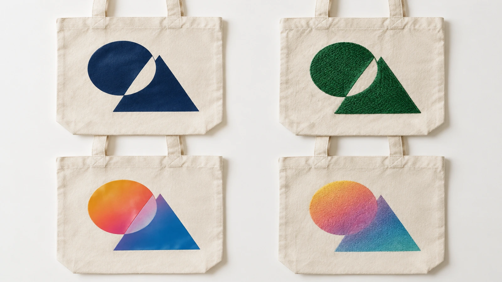 Quatro ecobags de lona natural comparando um bloco serigrafado plano, um bordado em relevo, uma transferência térmica brilhante e uma impressão direta macia em policromia