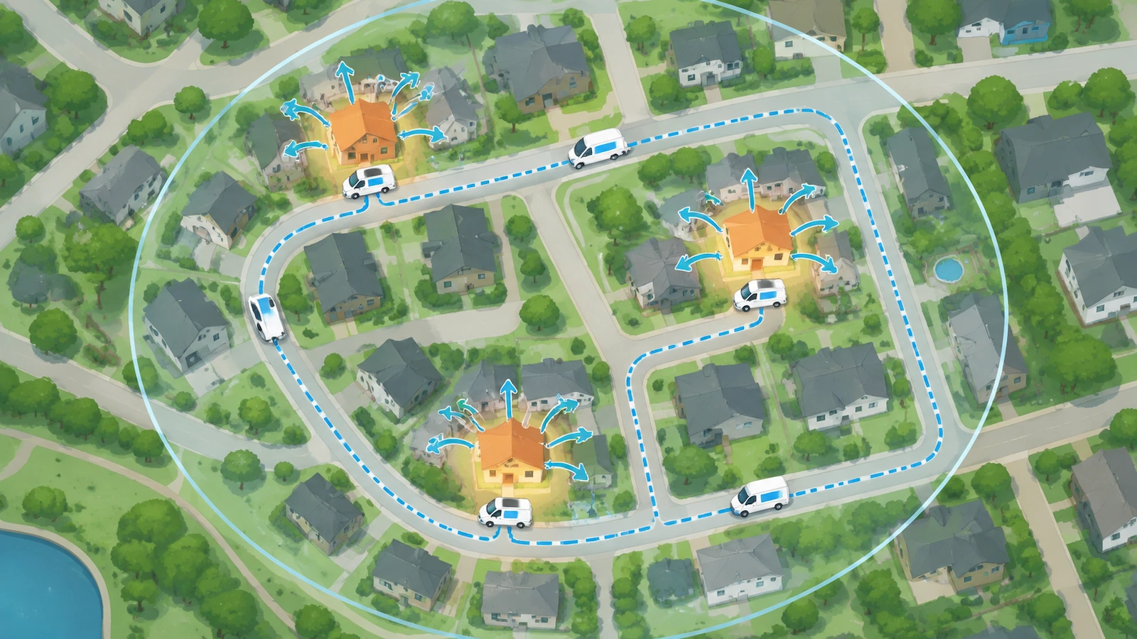 Ilustração vista de cima de uma pequena van seguindo uma rota em laço por um bairro, com as casas onde a van estacionou destacadas e setas mostrando a visibilidade se espalhando para as casas vizinhas