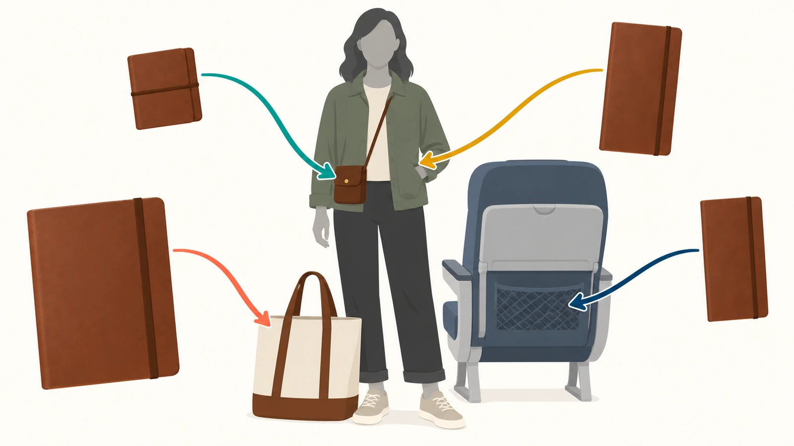 Ilustração da silhueta de um viajante com setas coloridas ligando diferentes tamanhos de diário a um bolso de casaco, uma bolsa transversal, um bolso de encosto de assento e uma sacola