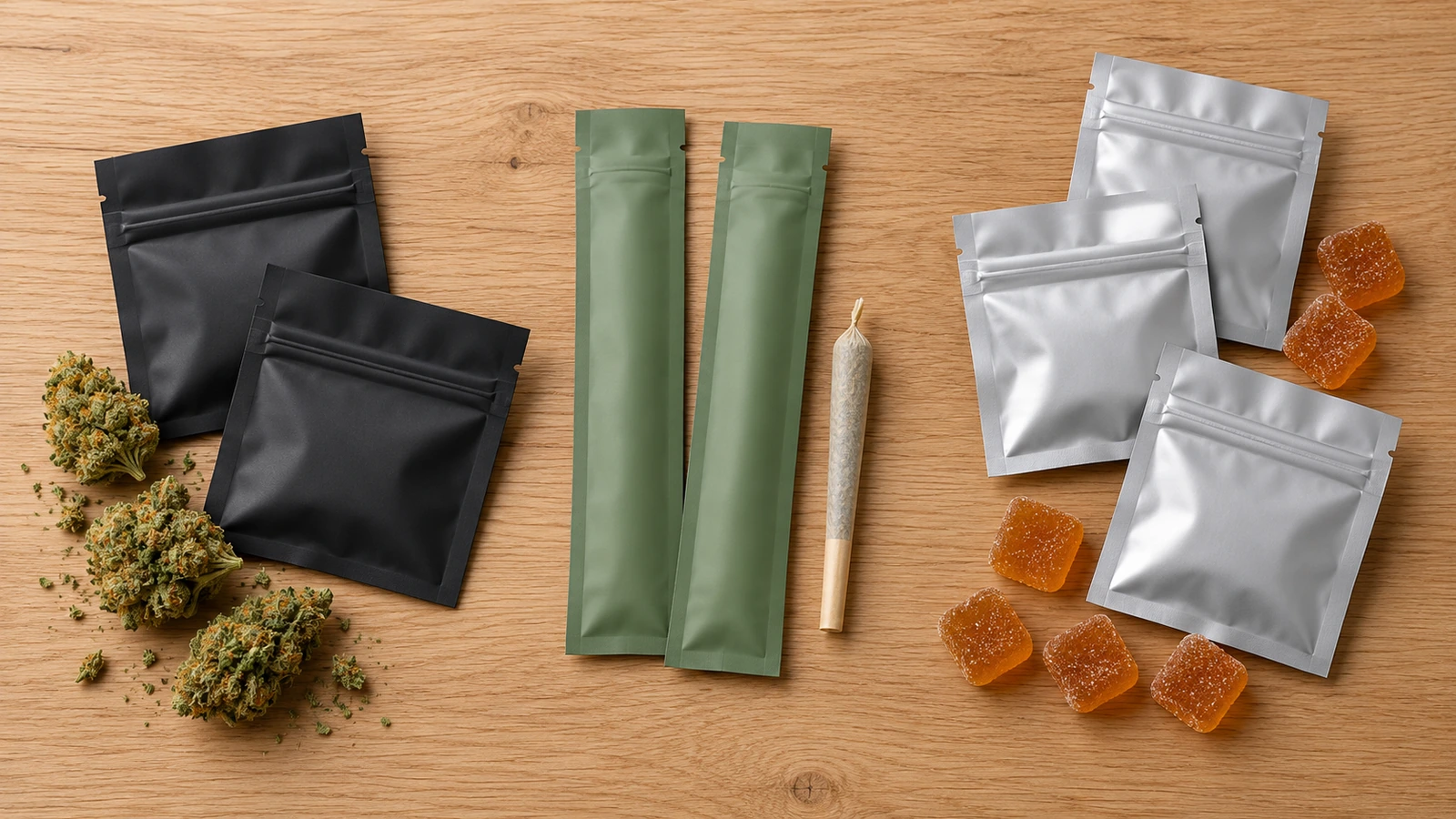 Três grupos de bolsas Mylar planas foscas separados por linha de produtos: amostras de flor, pré-enrolados avulsos e gomas com dose individual