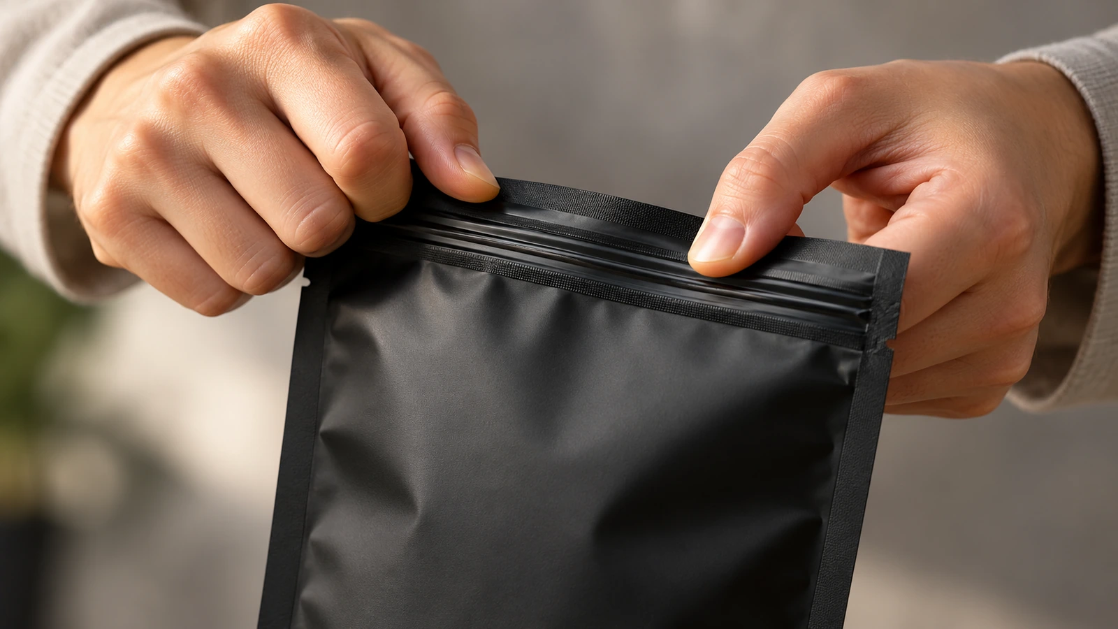 Close de mãos de adulto pressionando e apertando um zíper resistente a crianças em uma bolsa plana preta fosca