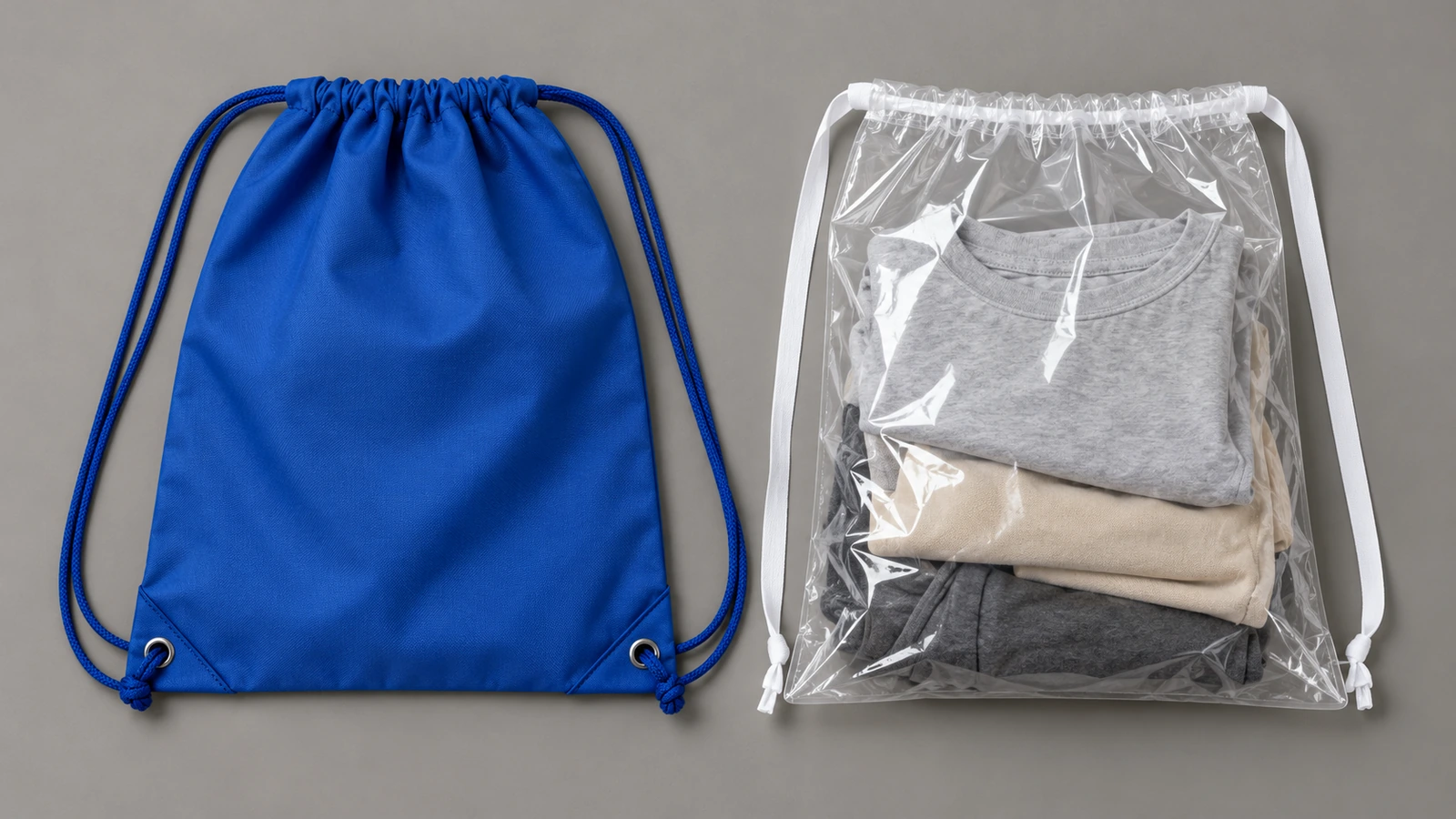 Uma mochila saco azul de poliéster com cordões de ombro ao lado de um saco transparente de filme de PE com fita de fechamento, dispostos planos sobre uma superfície neutra