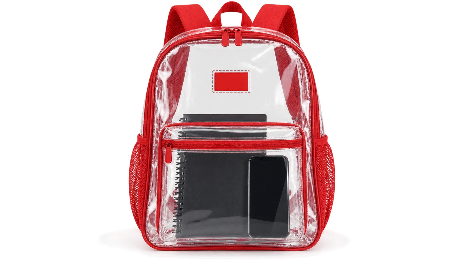Vista frontal de uma mochila de PVC transparente com um pequeno retângulo de cor sólida marcando uma única zona de logotipo em 1 lado, e alças e acabamento coloridos levando a cor da marca enquanto o corpo permanece transparente