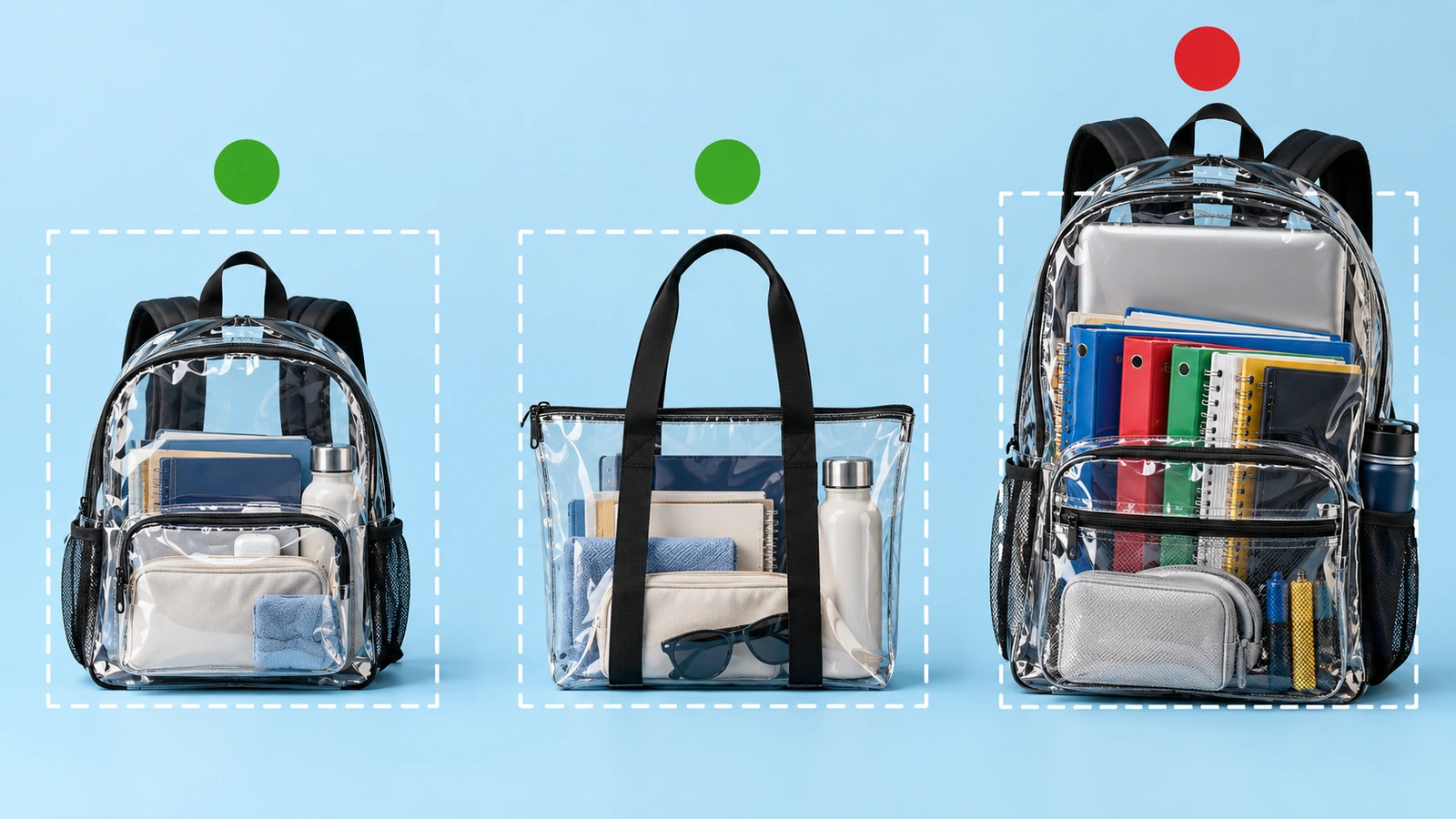 Três formatos de bolsa transparente lado a lado: uma mochila transparente compacta, uma sacola tote transparente e uma mochila escolar transparente grande, com indicadores circulares verdes e vermelhos mostrando quais cabem dentro do contorno tracejado do tamanho do estádio