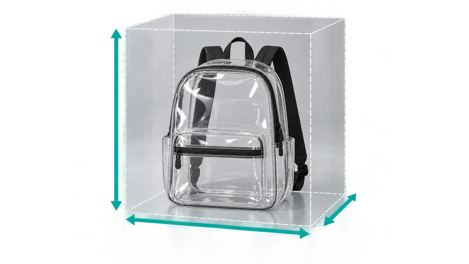 Mochila de PVC transparente colocada dentro de um paralelepípedo tracejado transparente que representa o limite de tamanho do estádio de 12 por 6 por 12 polegadas, com setas ao longo da altura, da largura e da profundidade