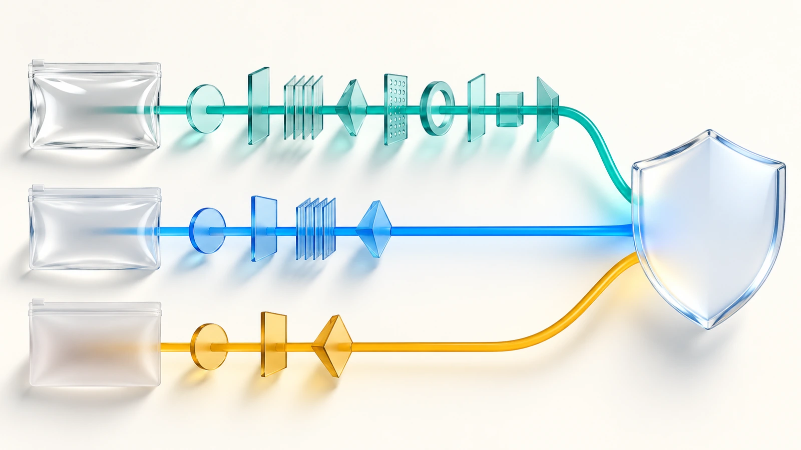 Diagrama abstrato de três ícones de filme transparente, cada um se ramificando por portões de controle diferentes em direção a um escudo, mostrando que cada material enfrenta um caminho de conformidade distinto