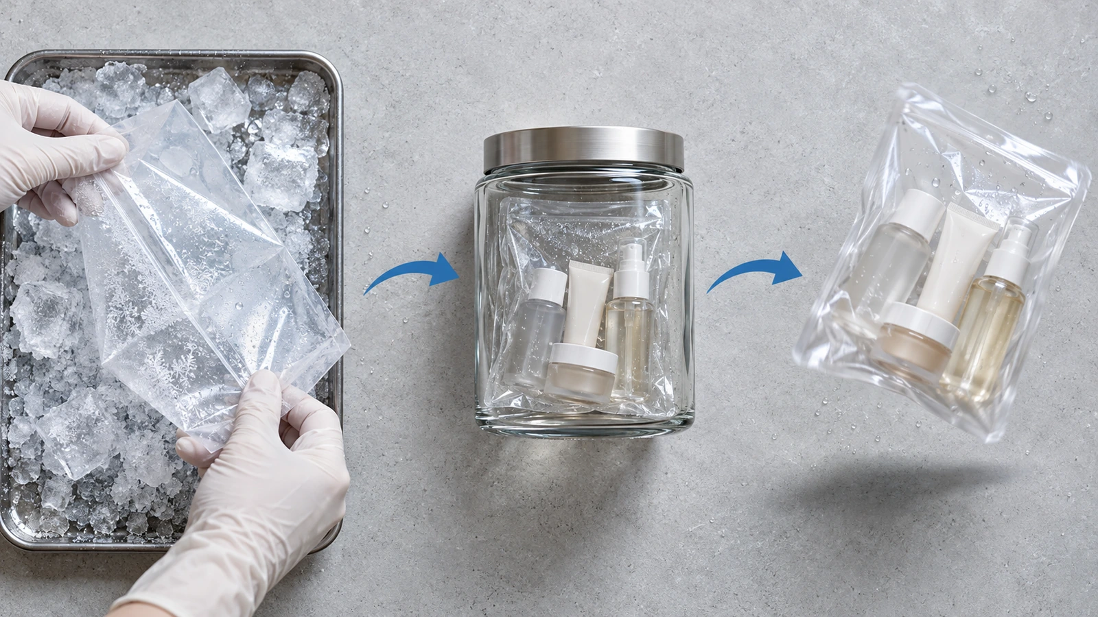 Vista superior de amostras de bolsas transparentes passando por um teste de dobra a frio sobre superfície coberta de gelo, uma verificação de odor em pote selado e um teste de queda com bolsa cheia, ligados por setas