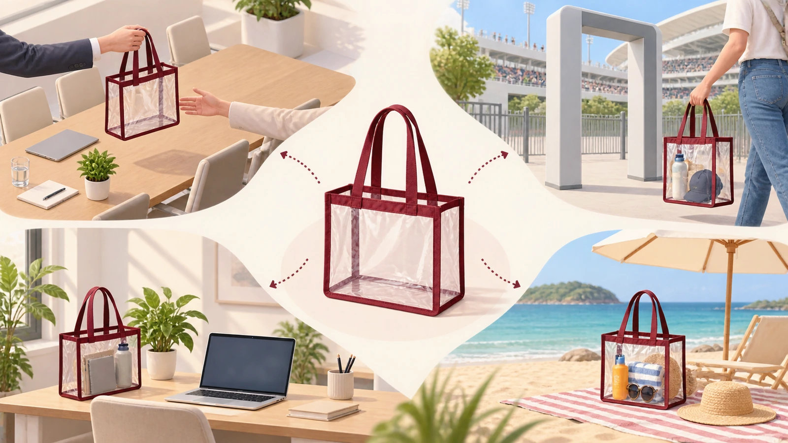 Ilustração de uma sacola transparente seguindo setas desde a entrega em uma conferência até a portaria de um estádio, uma mesa de escritório e uma praia, mostrando sua reutilização depois do evento