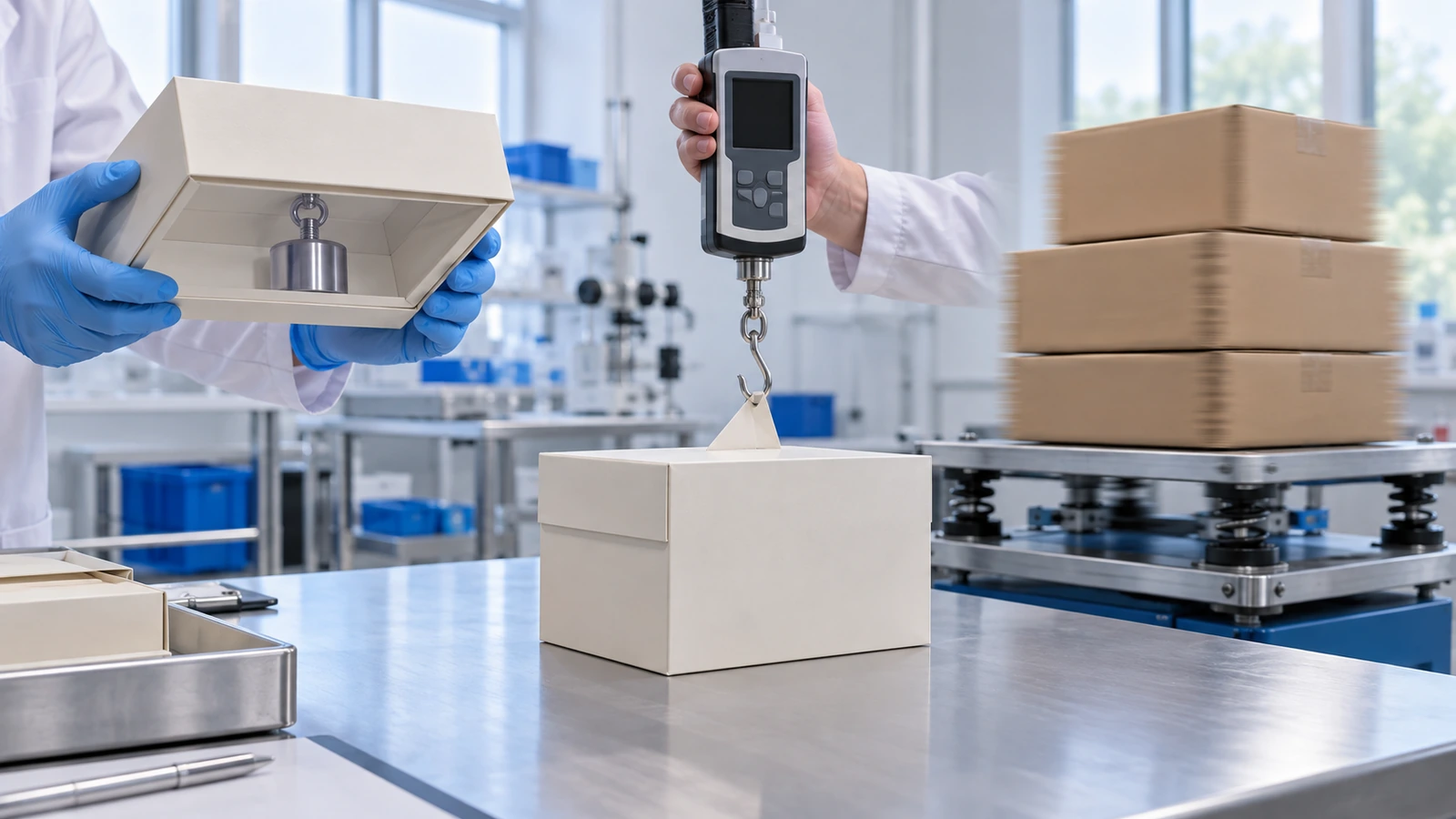 Cena de laboratório mostrando uma caixa magnética carregada, segurada de cabeça para baixo com a tampa permanecendo fechada, ao lado de um dinamômetro manual puxando uma tampa para abri-la e de uma pilha de caixas sobre uma mesa de vibração