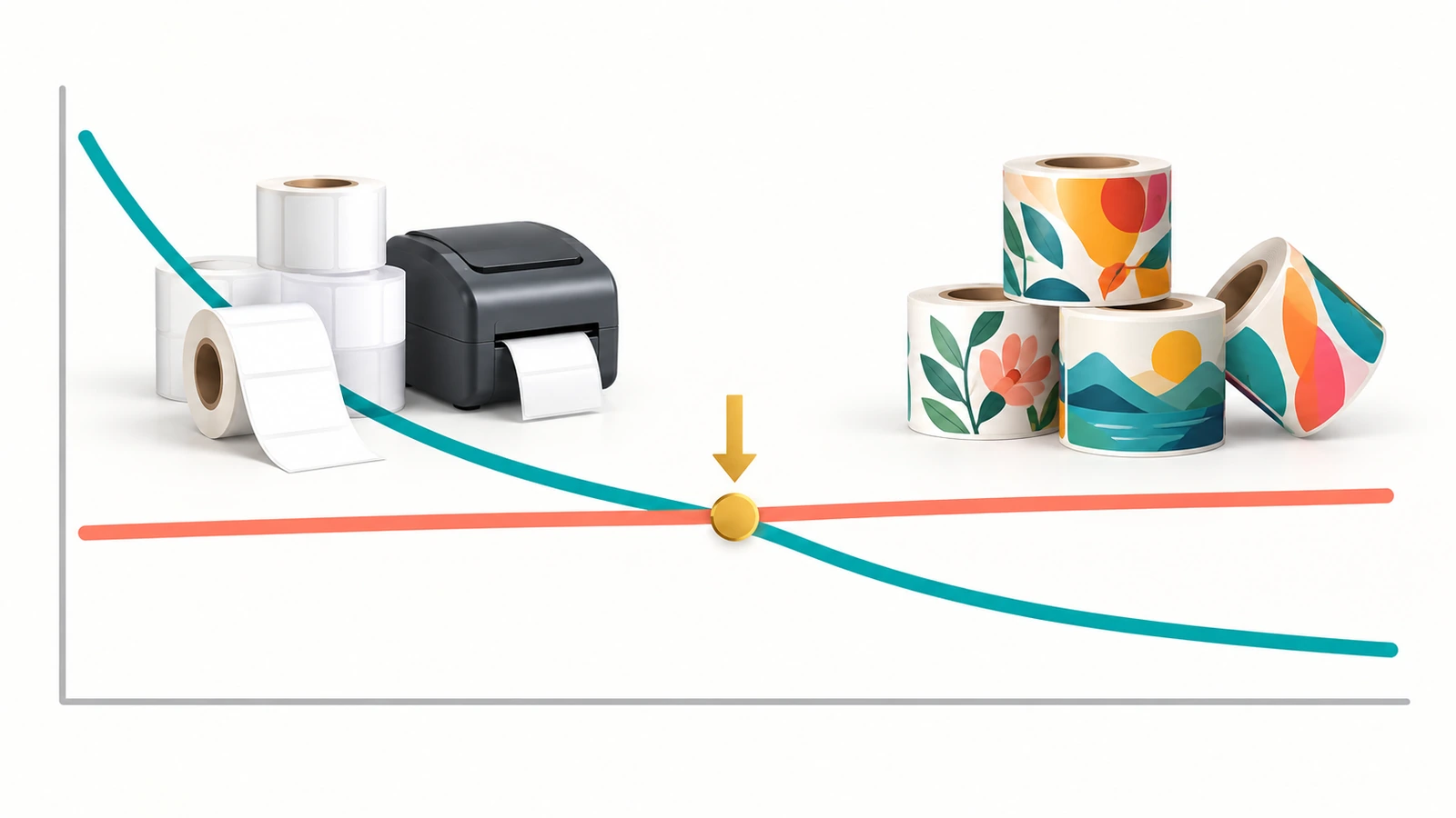 Gráfico abstrato com duas curvas que se cruzam: uma cai acentuadamente à medida que o volume por desenho aumenta, a outra permanece constante, com uma seta marcando o ponto de cruzamento