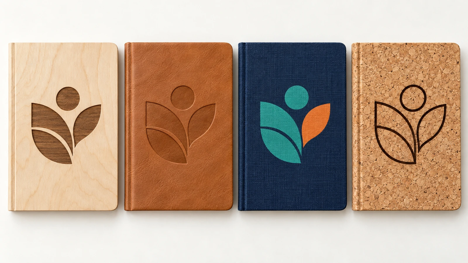 Quatro diários lado a lado com capas de compensado gravado, estilo couro com baixo-relevo, tecido impresso em cores e cortiça, cada uma exibindo o mesmo emblema simples