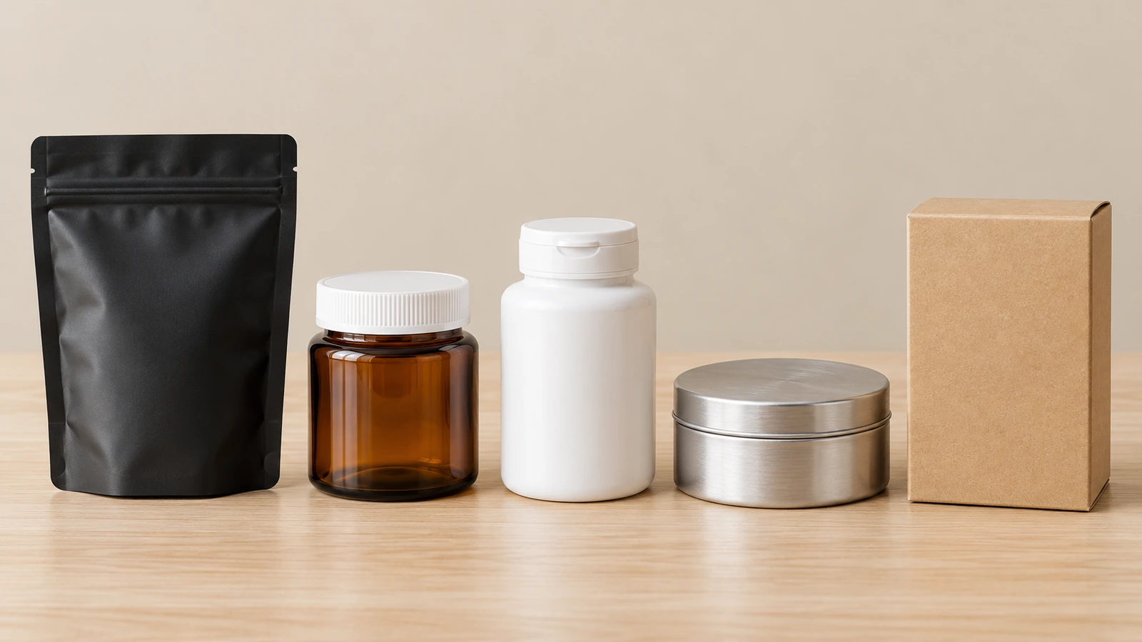 Comparação lado a lado de uma bolsa flexível, um pote de vidro, um frasco de plástico, uma lata de metal e uma caixa de cartão, representando as opções de formato resistente a crianças
