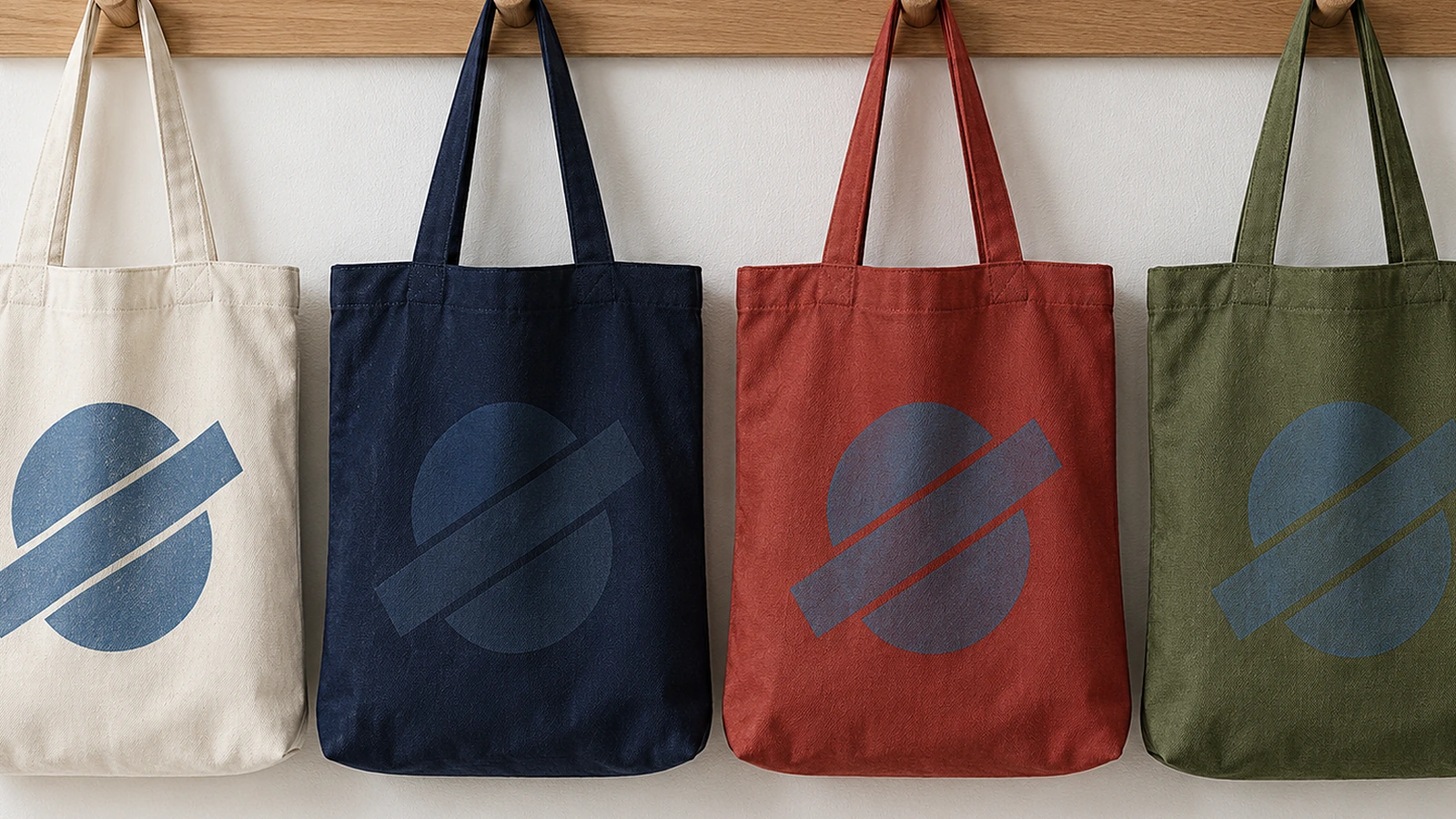 Quatro tote bags de lona nas cores natural, azul-marinho, vermelho e oliva, cada uma impressa com a mesma marca geométrica simples, para mostrar como o contraste muda conforme a cor da sacola