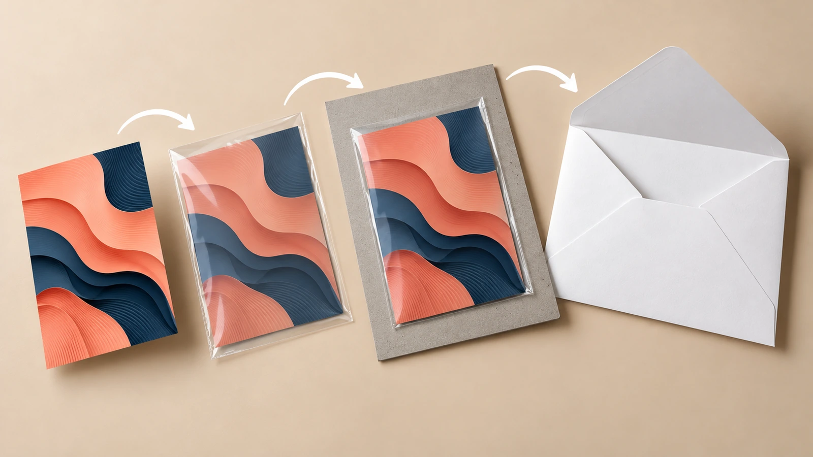 Envelope aberto mostrando um cartão lenticular protegido por uma capa transparente e um cartão de apoio rígido, com setas indicando a inserção