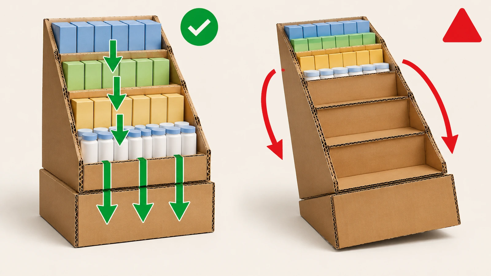 Dois displays escalonados de papelão comparados: uma unidade estável, com o peso apoiado na parte baixa da base, e uma unidade tombando para a frente depois que as fileiras da frente foram esvaziadas