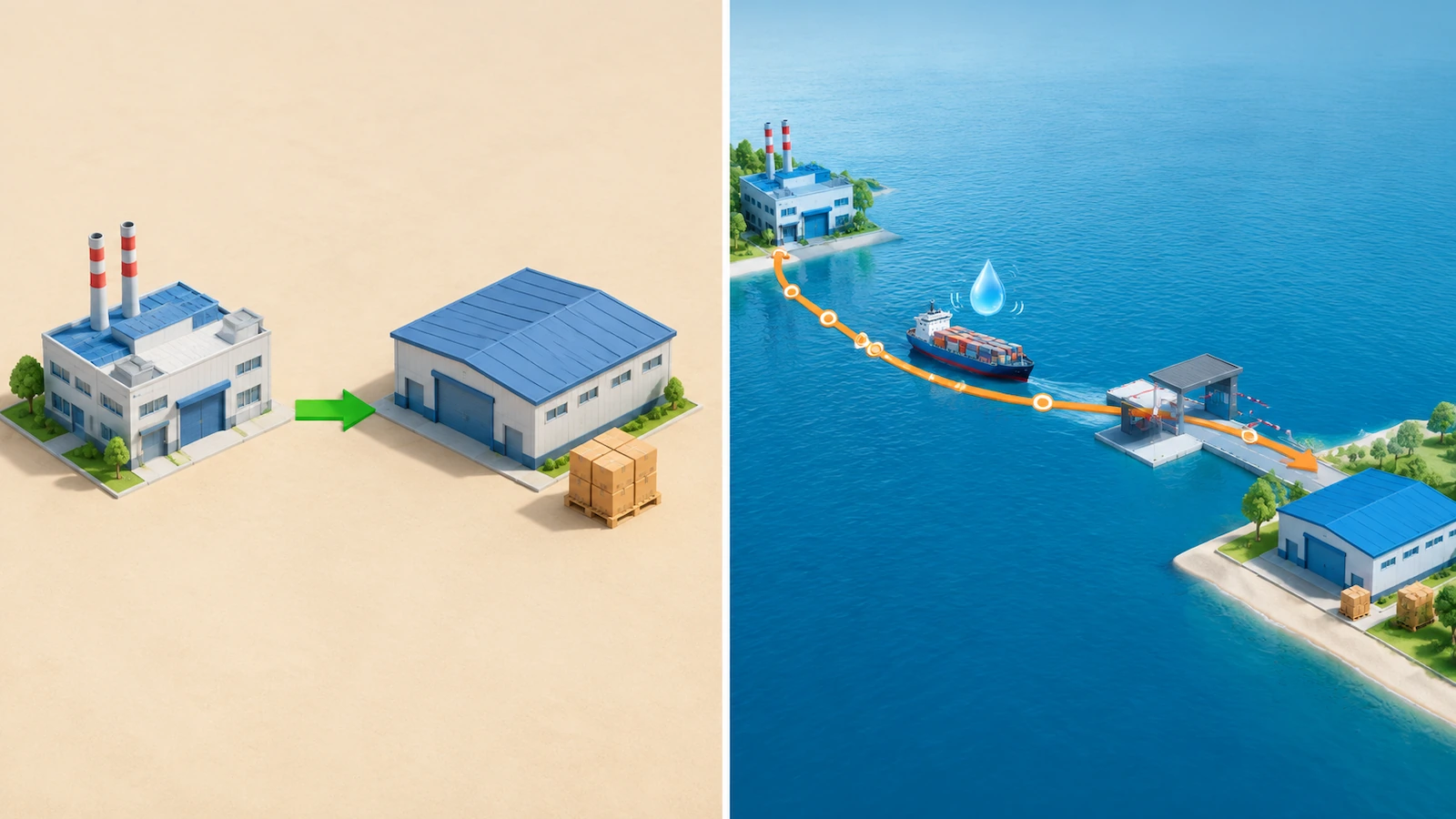 Composição dividida que compara uma seta reta e curta, de uma fábrica próxima até um armazém, com uma seta curva e longa que atravessa uma faixa azul de oceano com um navio porta-contêineres