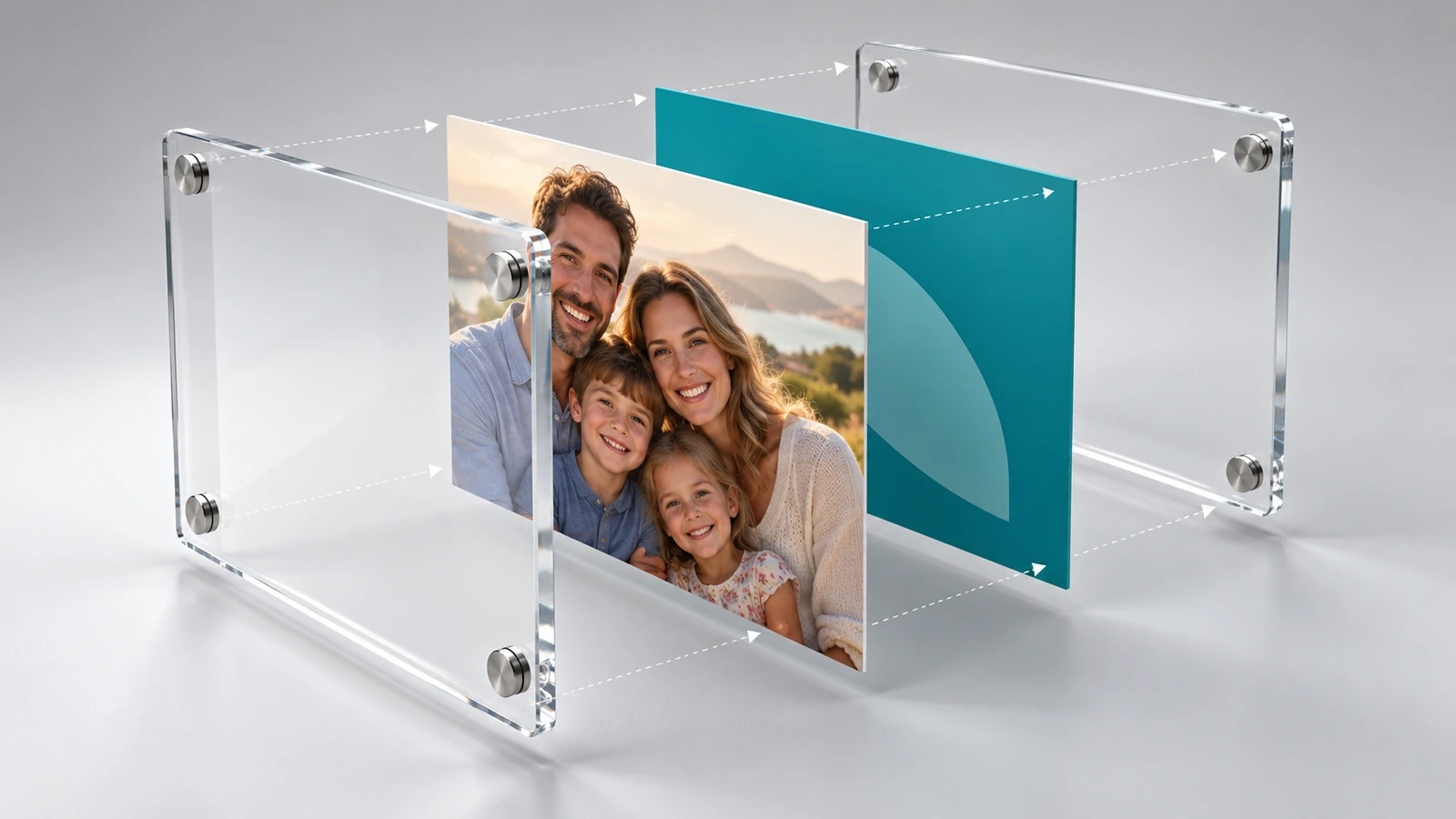 Ilustração explodida de uma moldura magnética de acrílico de dupla face mostrando a foto da frente, um cartão da marca de cor sólida atrás dela e ímãs nos cantos alinhando os dois painéis transparentes