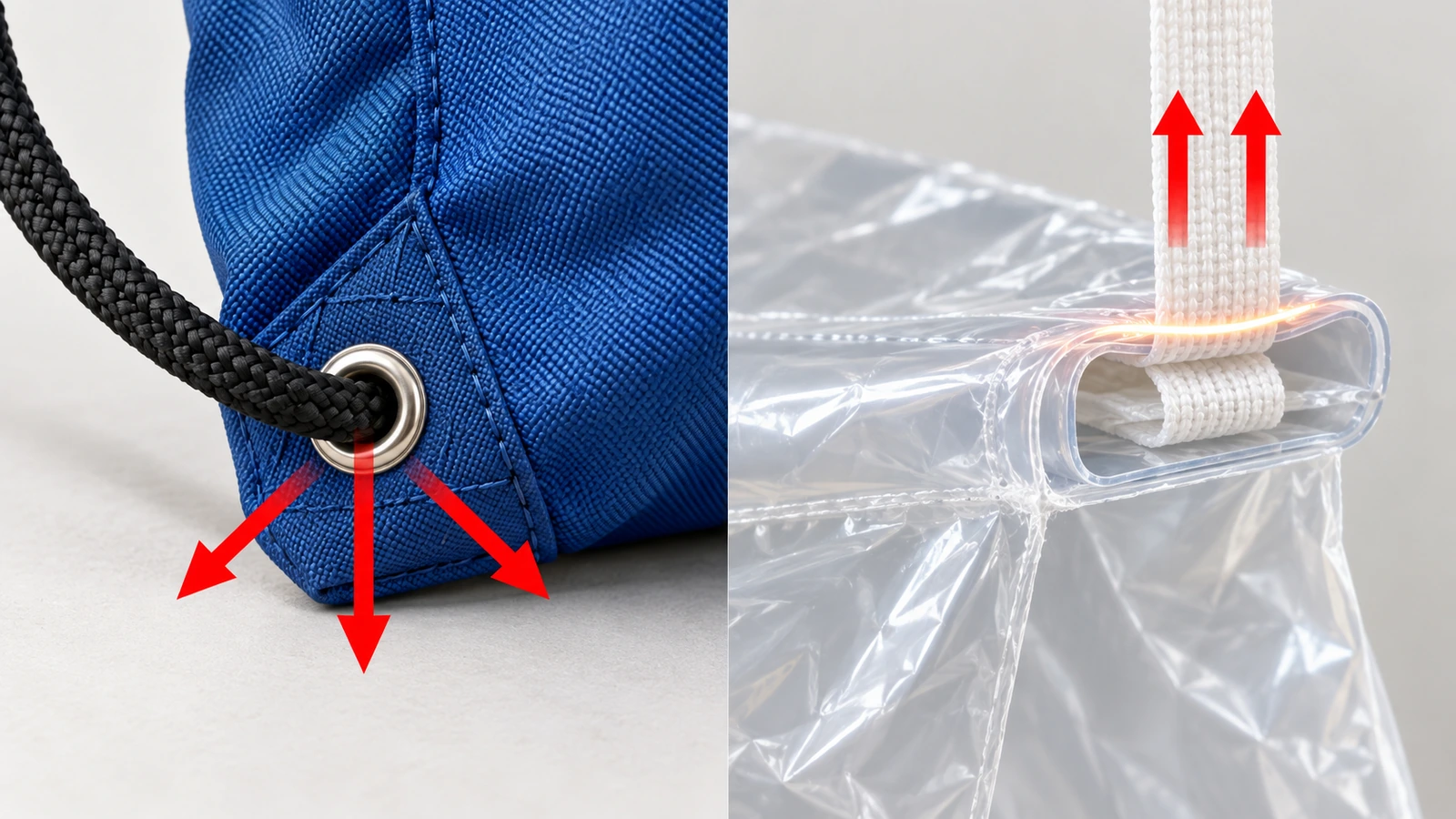 Ilustração em corte comparando o canto costurado de uma mochila com ilhós e o canal da bainha termossoldada de um filme com fita de fechamento, com setas indicando onde a carga se concentra