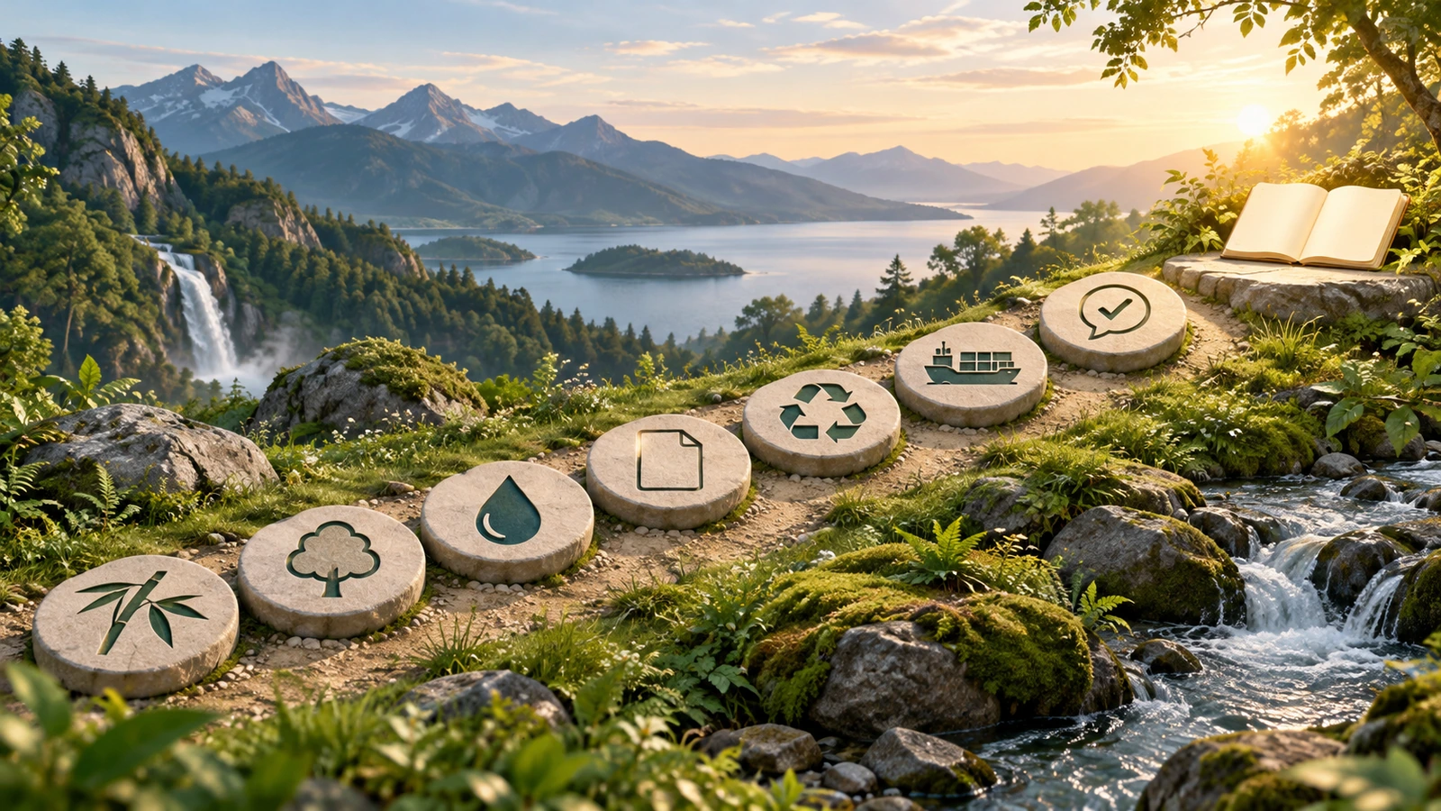 Caminho em sete etapas para verificar a alegação ecológica de um caderno de bambu, da identificação do material à certificação, declaração química, documentação do papel, fim de vida, transporte e redação final da alegação