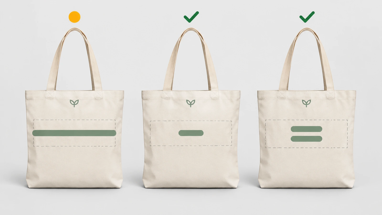 Três maquetes de sacolas lado a lado, mostrando uma faixa de nome muito longa, uma faixa muito curta e uma faixa em duas linhas, para ilustrar a prova de casos-limite