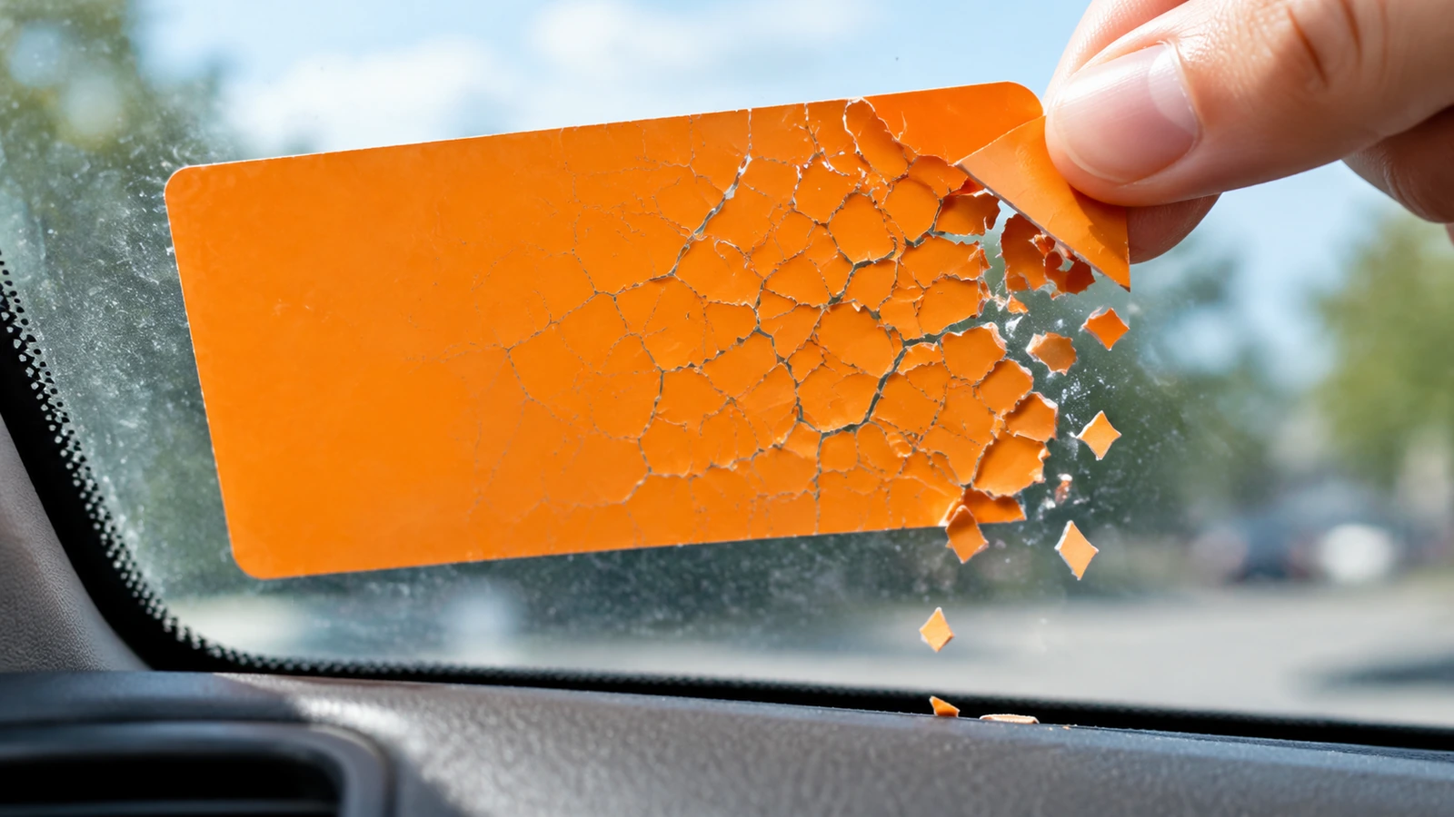 Close de uma autorização de estacionamento destrutível na parte interna de um para-brisa se quebrando em pequenos fragmentos enquanto a ponta de um dedo levanta um canto