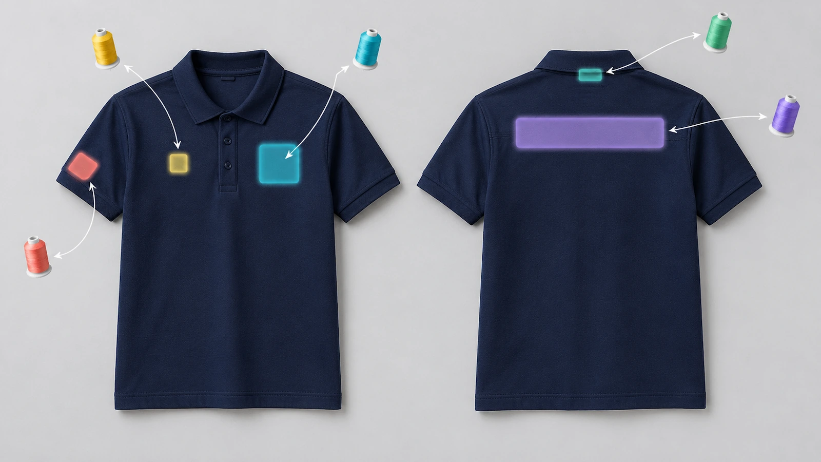 Camisa polo azul-marinho de piquê de algodão, vista pela frente e por trás, com as zonas de bordado destacadas no peito esquerdo, no peito direito, na manga, na pala das costas e na nuca