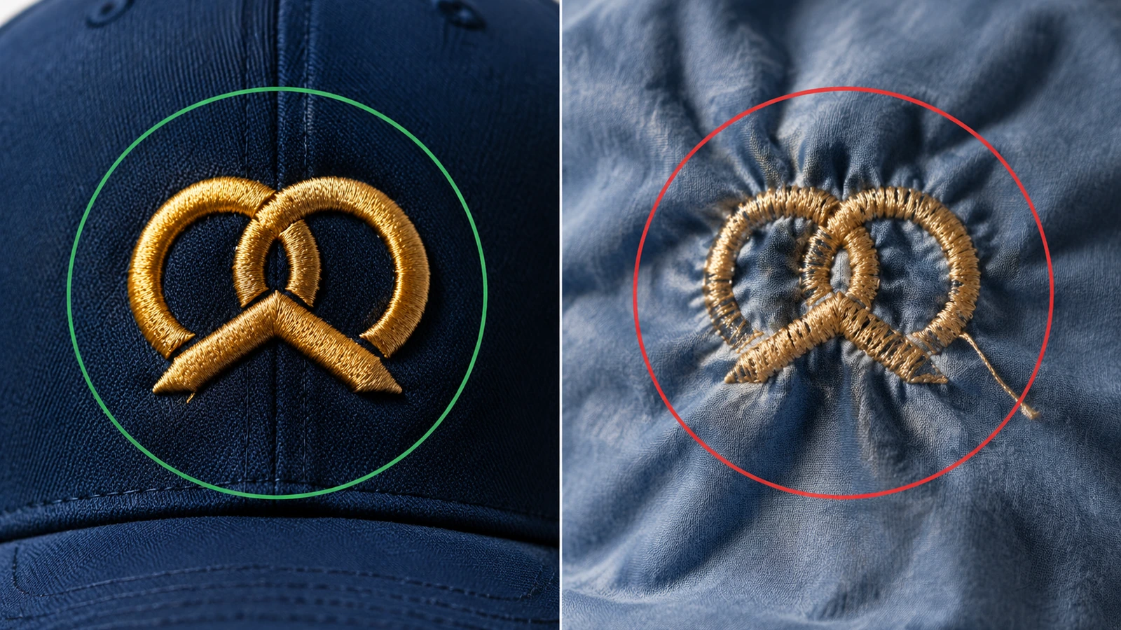 Comparação em macro entre bordado em ponto cetim limpo e denso numa frente estruturada de boné trucker e bordado franzido num painel mole
