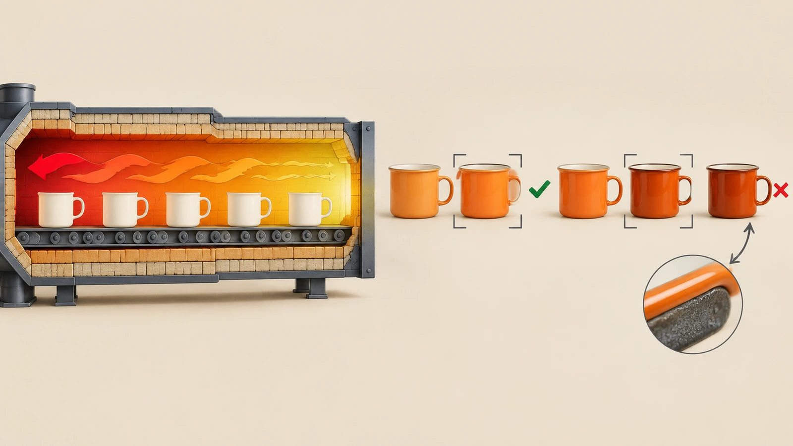 Ilustração de um forno de esmalte com setas indicando a variação de calor e uma fileira de canecas laranja passando gradualmente de tons mais claros a mais escuros