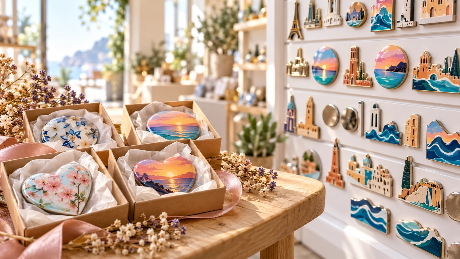 Ímãs de geladeira com cúpula brilhante embalados em pequenas caixas de presente ao lado de um expositor de souvenirs, ilustrando o uso como lembrancinha de eventos e no varejo de turismo