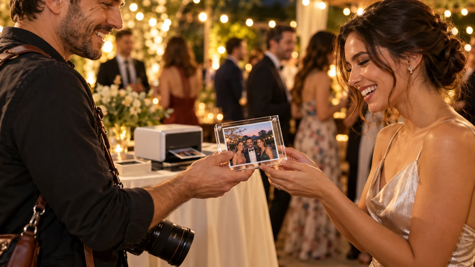 Fotógrafo de eventos entregando a um convidado uma moldura magnética de acrílico transparente com uma foto recém-impressa em uma recepção noturna
