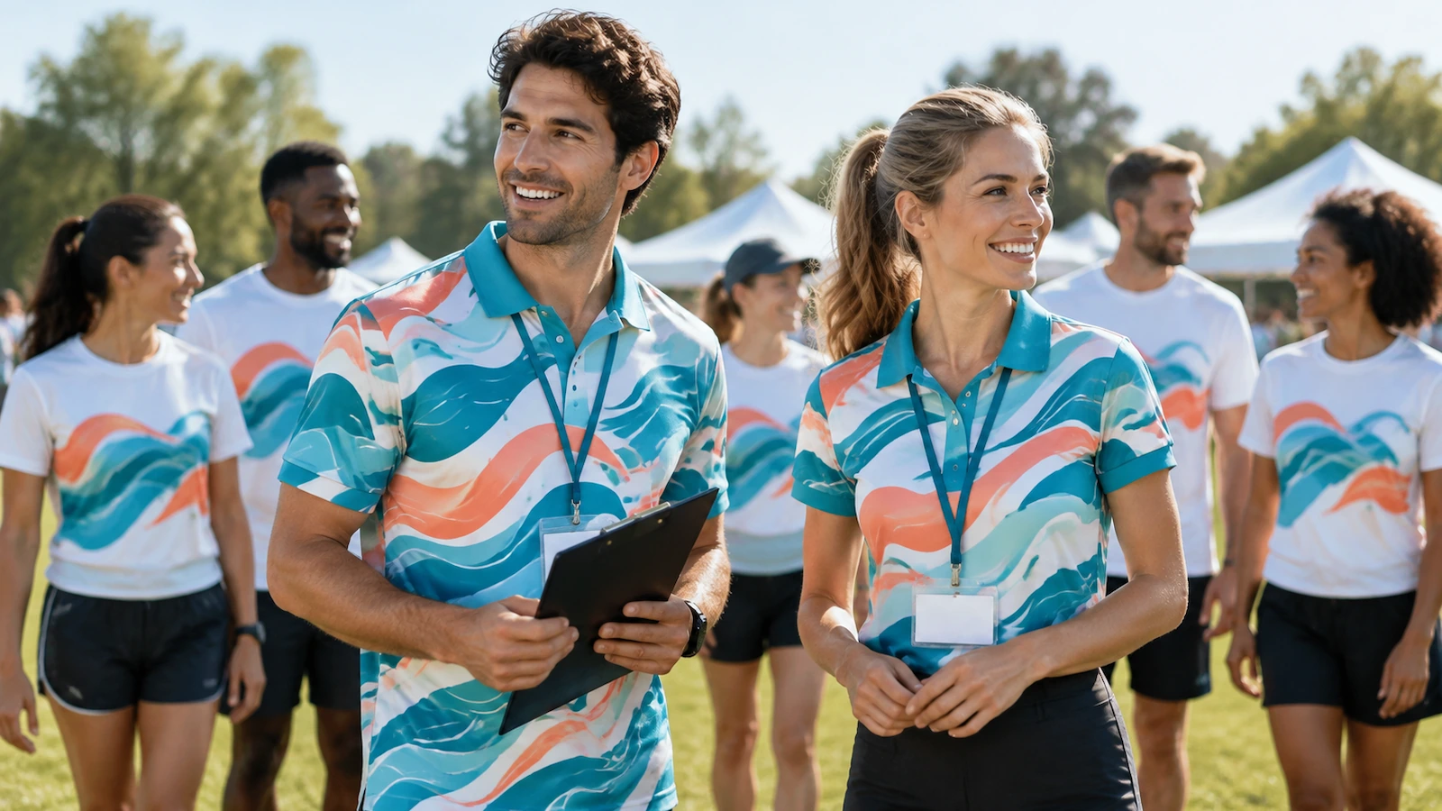 Cena de evento com participantes em camisetas sublimadas iguais e equipe em polos com gola que compartilham o mesmo padrão de cores