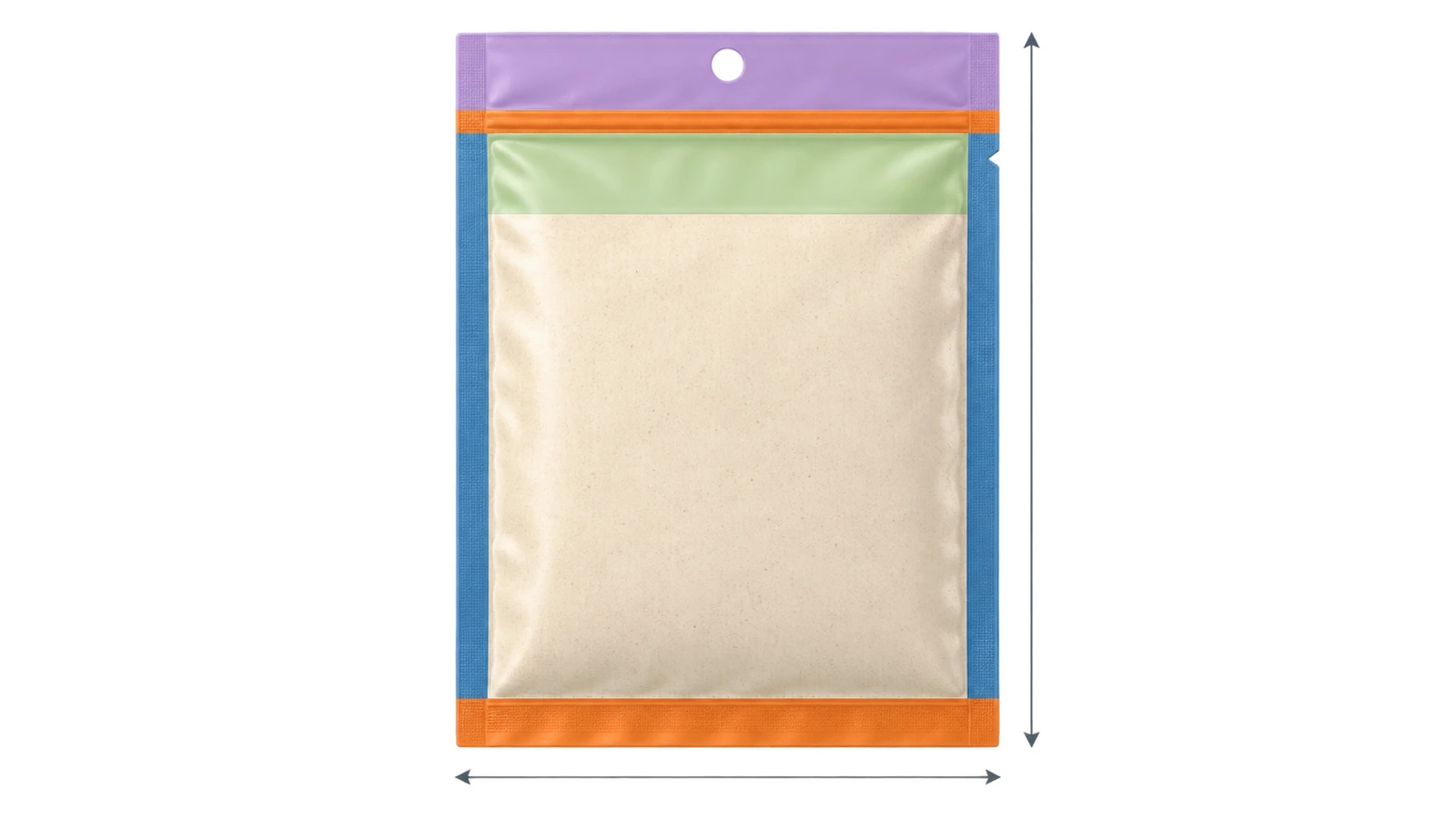 Diagrama de uma bolsa plana com faixas coloridas marcando as selagens laterais, a selagem inferior, a zona do produto, o espaço livre, a selagem superior e a aba para pendurar