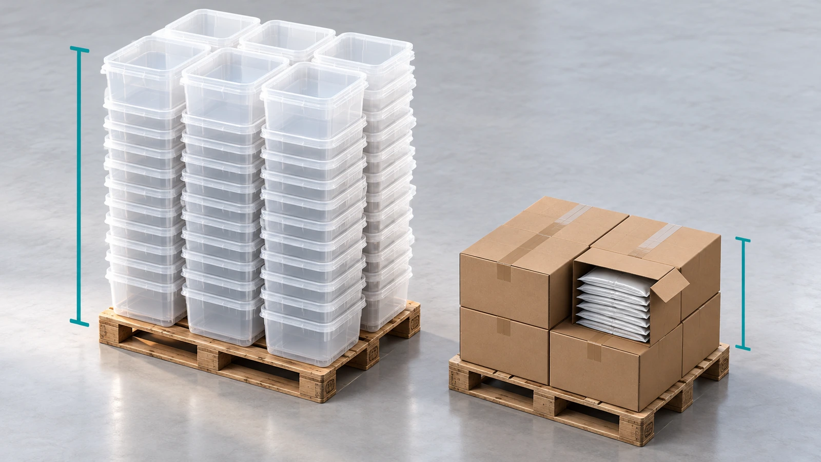 Dois paletes comparados: um empilhado em altura com potes rígidos vazios e outro com a mesma quantidade de bolsas pré-fabricadas planas em caixas compactas