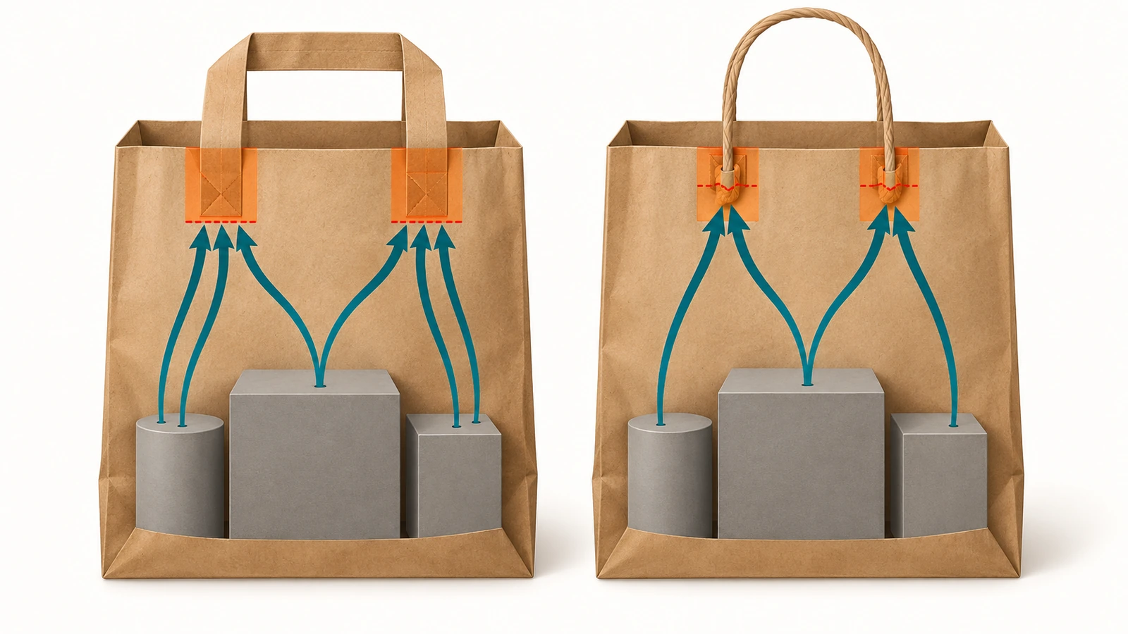 Ilustração comparando uma alça plana de papel e uma alça de cordão de papel torcido em sacolas kraft, com setas mostrando a tensão da carga concentrada nos pontos de fixação das alças